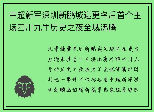 中超新军深圳新鹏城迎更名后首个主场四川九牛历史之夜全城沸腾 中超新军深圳新鹏城迎更名后首个主场四川九牛历史之夜全城沸腾