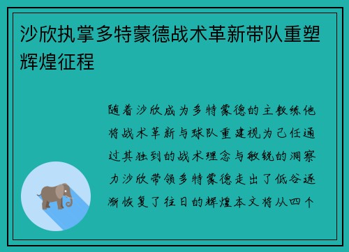沙欣执掌多特蒙德战术革新带队重塑辉煌征程 沙欣执掌多特蒙德战术革新带队重塑辉煌征程